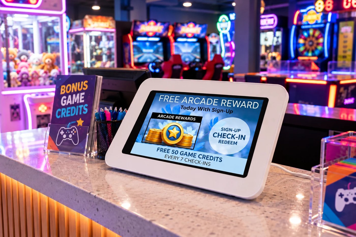 Kiosk on an arcade counter in the blue flower design