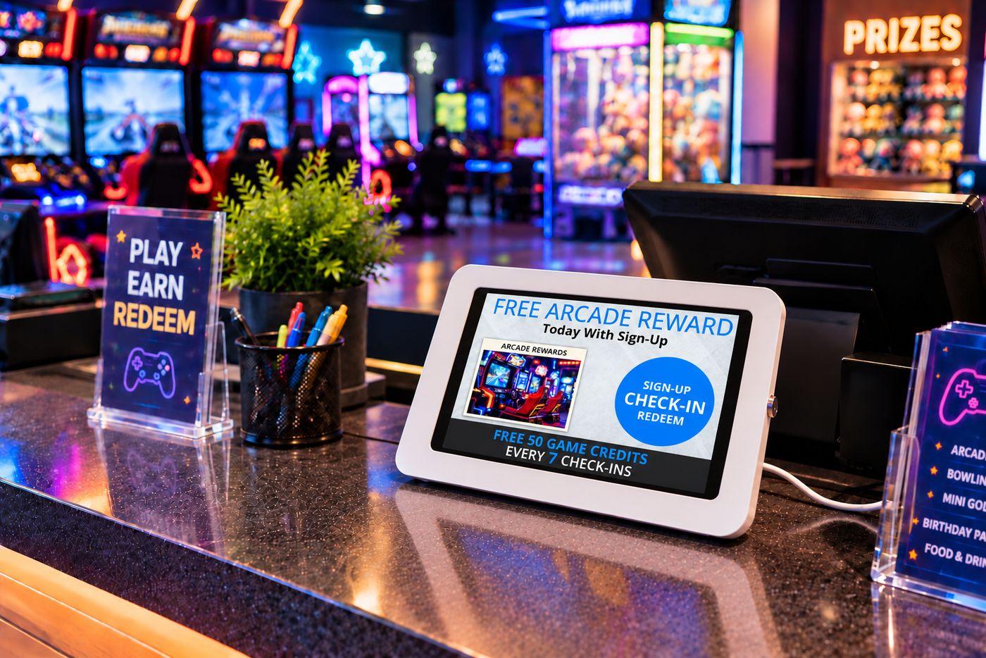 Kiosk on an arcade counter beside the prize wall