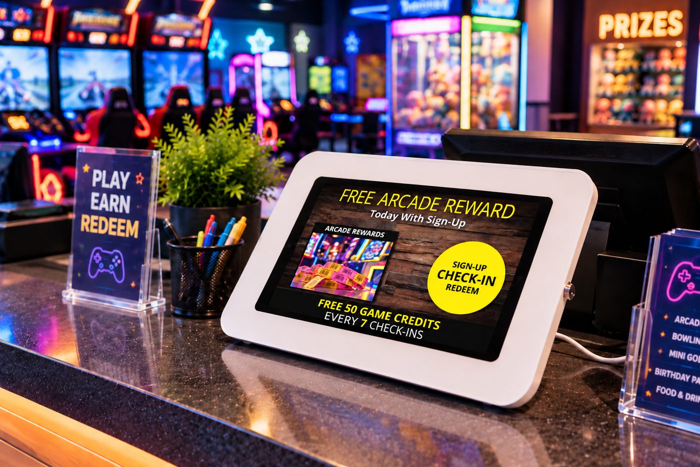 Kiosk on an arcade counter — arcade, dark wood design