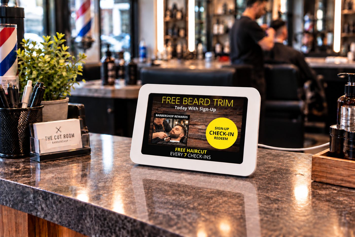 Kiosk at a barbershop counter