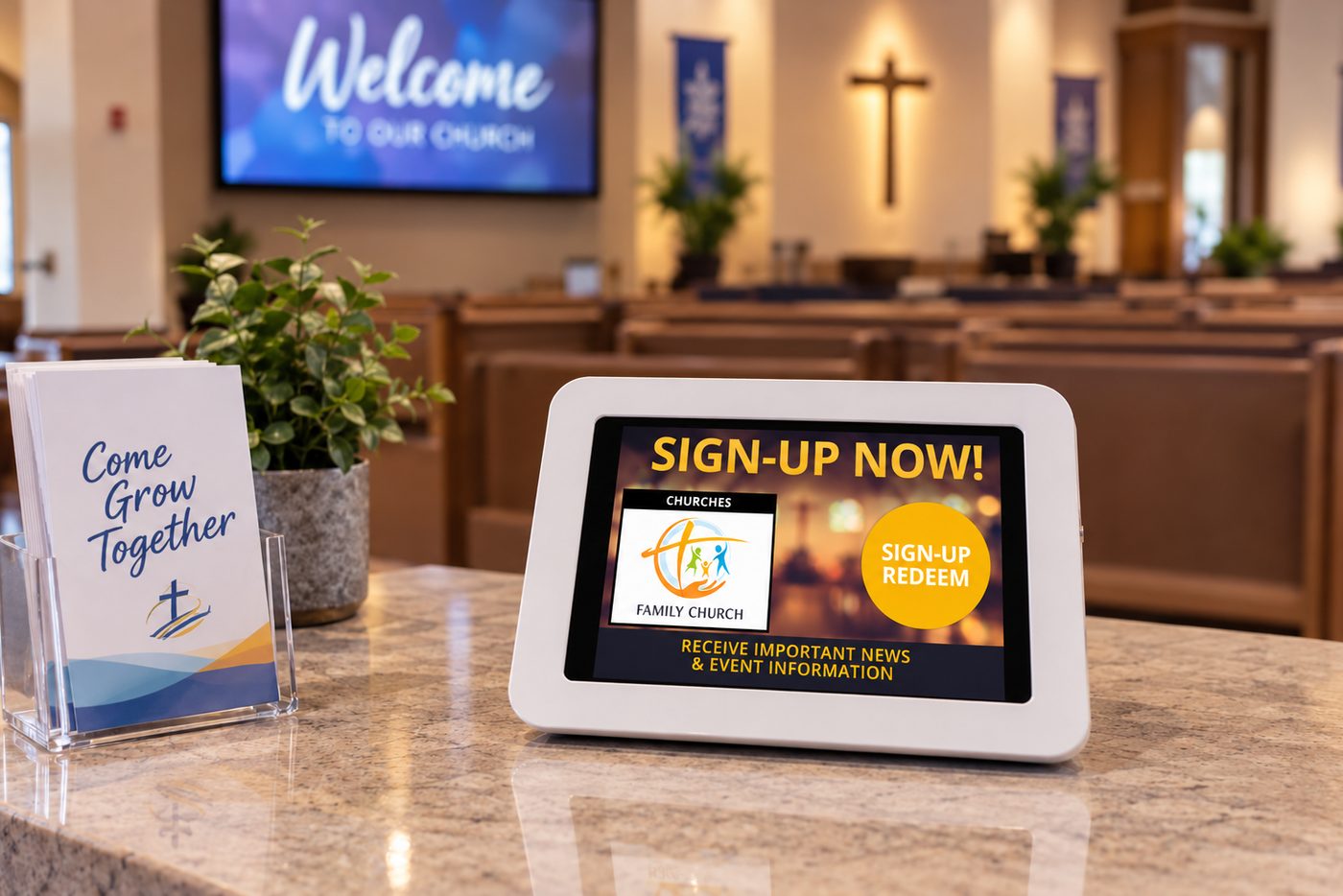 Kiosk in a church foyer