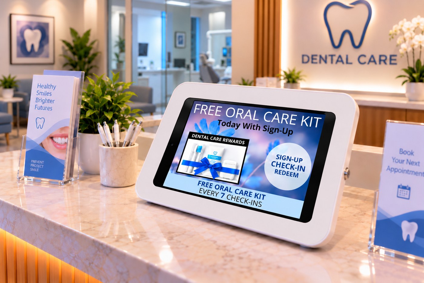 Kiosk on a dental office reception counter — free oral care kit offer