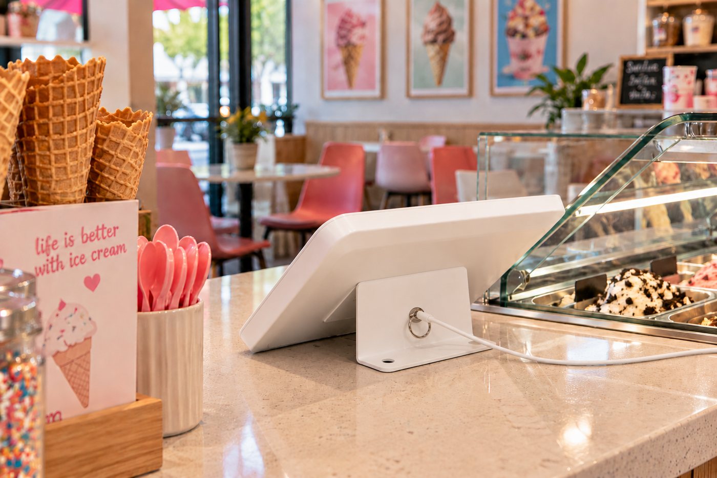 Kiosk in an ice cream shop, seen from behind