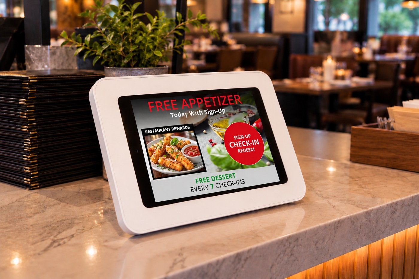 Kiosk on a restaurant counter — free appetizer offer