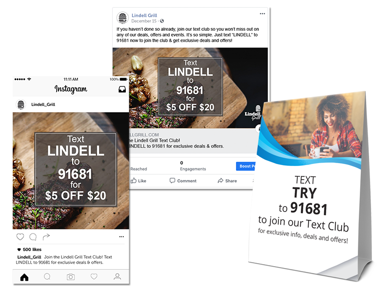 An Instagram post and a table tent, both asking customers to text a keyword