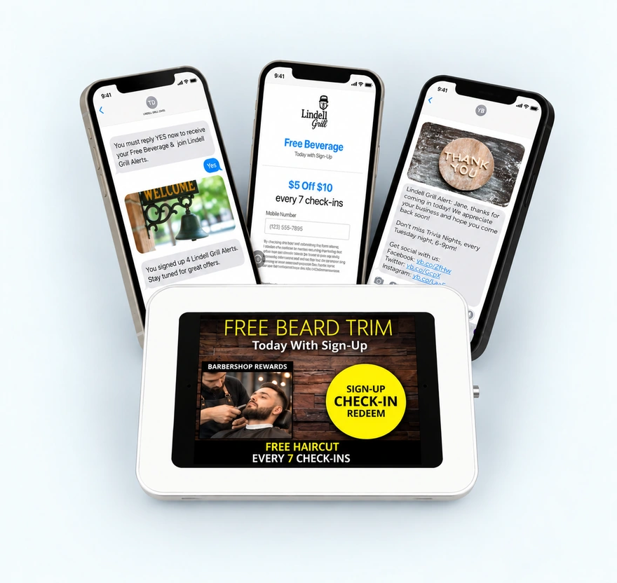 Three phones showing the sign-up text, the web form and a picture message, with a loyalty kiosk