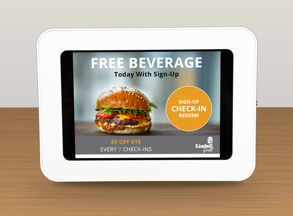 Kiosk idle screen showing the sign-up offer