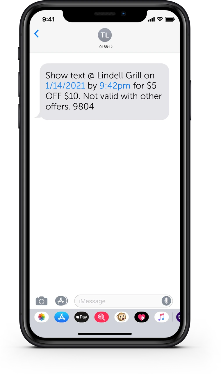 A claim text on a phone showing a dated, time-stamped offer with a redemption code