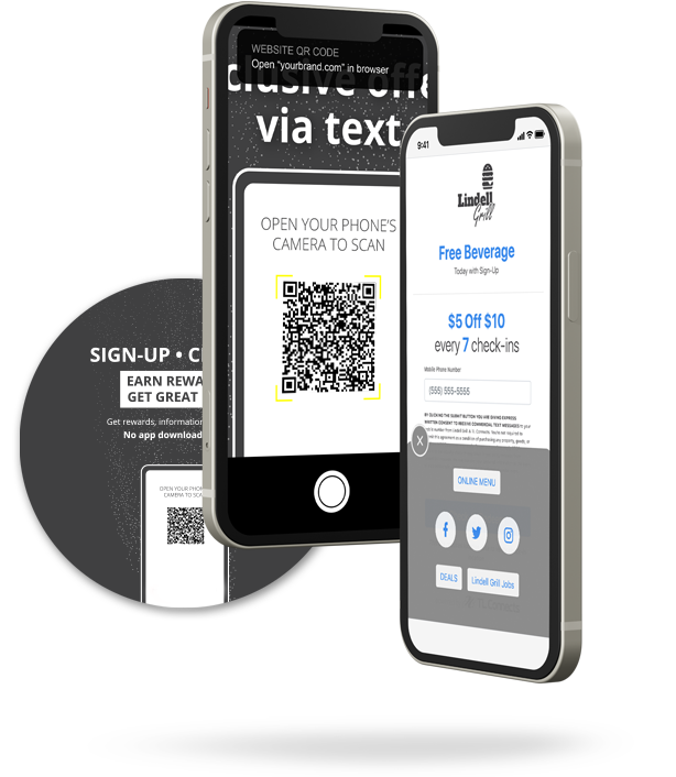 A QR code on a counter card beside a phone showing the mobile web app